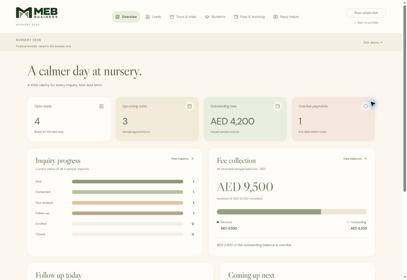 Nursery Desk dashboard with sample reports and analytics
